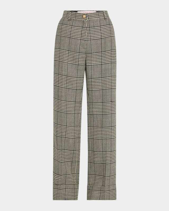 Houndstooth Wool Straight-Leg Trousers